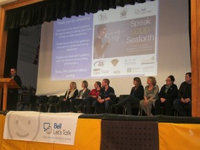 John Steffler (far left) is pictured leading the conversation during the expert panel discussion at last week's mental health and addiction awareness event. Earlier in the evening, Heather and John Steffler made an emotional presentation about their son, Tanner. The Tanner Steffler Foundation was established in August 2017 by John and Heather Steffler after they lost their 19-year-old son to a mental health and substance use disorder.The focus of the foundation is to enhance and improve the mental health and addiction resources and support networks that are in place for youth between the ages of 12-24 within Huron County. Speak Loud Seaforth was presented by the Seaforth Public School Parent Council in partnership with the Tanner Steffler Foundation. (SHEILA PRITCHARD/CLINTON NEWS RECORD)