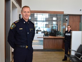 Police Chief Chris Herridge, left, and Const. Tanya Calvert stand in the lobby of the St. Thomas Police Station on Caso Crossing, now open for virtual tours. The new facility is tailored to the needs of St. Thomas's police force but faced some criticism for its hefty cost. (Louis Pin/Times-Journal)
