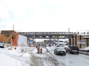 The CP Rail overpass on Wharncliffe Road, just north of Oxford Street, is being widened to ease a traffic bottleneck ? just one of the projects planned for the key London artery. (DEREK RUTTAN, The London Free Press)
