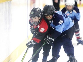 Noah Bianconi of  Valley East Black 2 Green  Mean Machine battles for the puck with Kaelem Gauthier of Valley East King Sportswear during the Novice C finals at the Valley East Minor Hockey Association 51th Annual VEMHA Novice and Atom House League Tournament in Sudbury, Ont. on Sunday February 4, 2018. Gino Donato/Sudbury Star/Postmedia Network