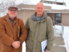 Jed DeCory, left, and Tom Manley are both members of the Lake Erie North Shore Landowners' Association. They and other members of the group say the local conservation authority is limiting their rights with a new pair of policies passed Wednesday. (Louis Pin/Times-Journal)