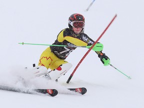 Joshua Nielsen, of Ecole secondaire Macdonald-Cartier, competes in the boys slalom race at the high school alpine ski championship at Adanac Ski Hill in Sudbury, Ont. on Wednesday February 7, 2018. John Lappa/Sudbury Star/Postmedia Network
