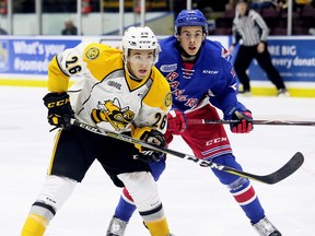 Sarnia Sting's Franco Sproviero, left, battles Kitchener Rangers' Giovanni Vallati in the first period at Progressive Auto Sales Arena in Sarnia, Ont., on Saturday, Sept. 23, 2017. (MARK MALONE, Postmedia Network)