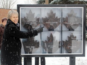 Walk of Fame display cases are located across Sault Ste. Marie's downtown.Dr. Roberta Bondar points to here maple leaf in front of the Art Gallery of Algoma.