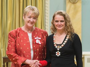 Cathy Crowe, left, with Governor General of Canada Julie Payette during the Order of Canada ceremony at Rideau Hall on Jan. 24, 2018. Crowe received the honour for her work as a street nurse and helping to provide support and a voice to the country's homeless.
Photo credit: Sgt. Johanie Maheu, Rideau Hall, OSGG, 2018