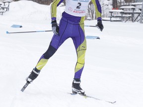 Joshua Tillson of the Lo Ellen Knights heads for the finish line at the high school nordic city championships at the Naughton Ski Trails  in Greater Sudbury, Ont. on Thursday February 8, 2018. Gino Donato/Sudbury Star/Postmedia Network
