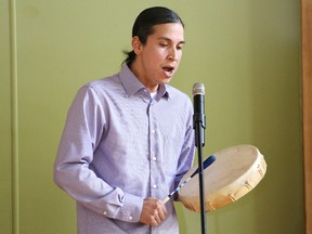 Local Juno nominated Indigenous artist Bryden Kiwenzie performs for students and staff at St. David School in Sudbury, Ont. on Friday February 9, 2018. John Lappa/Sudbury Star/Postmedia Network