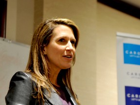 Ontario Progressive Conservative leadership hopeful Caroline Mulroney speaks to a crowd at a 1000 Islands Mall community room on Friday. (RONALD ZAJAC/The Recorder and Times)