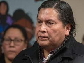 Alvin Baptiste, the uncle of Colten Boushie, looks on during a media event at the Battlefords Agency Tribal Chiefs head office after a jury delivered a verdict of not guilty in the trial of Gerald Stanley, the farmer accused of killing the 22-year-old Indigenous man Colten Boushie, in Battleford, Sask., Friday, February 9, 2018. THE CANADIAN PRESS/Liam Richards