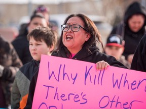 Colten Boushie's mother Debbie Baptiste addresses demonstrators gathered outside of the courthouse in North Battleford, Sask.

THE CANADIAN PRESS/Matt Smith