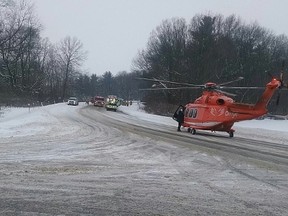 One person is dead and another critically injured after a two-car collision on Glendon Drive near Mt. Brydges on Saturday afternoon. One driver was airlifted to hospital. (Twitter/Strathroy-Caradoc Police)