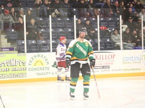 A frustrated Brendon Merritt, captain for the Centenaires skates away after the whistle went off last Saturday in a first round WOAA Sr. AA Playoff battle against the Clinton Radars. (Shaun Gregory/Huron Expositor)