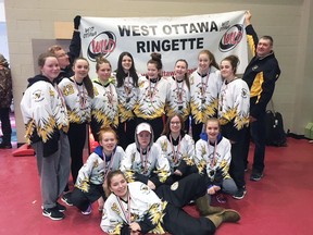 Members of the Mitchell U16 ringette team pose with their gold medals after winning the West Ottawa tournament this past weekend. SUBMITTED