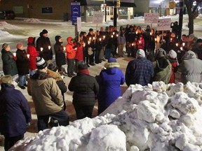 Close to 100 people gathered in downtown North Bay Saturday night to call for justice in the death of Colten Boushie. (Postmedia Network)