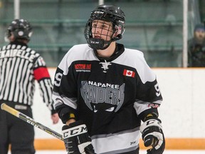 Napanee Raiders rookie forward Jake Campbell, 16, had a seven-point weekend in Provincial Junior Hockey League play, collecting two assists on Sunday, Feb. 11, night against the Amherstview Jets after having produced a five-point night (one goal, four assists) against the Campbellford Rebels on Friday, Feb. 9. (Tim Gordanier/The Whig-Standard/Postmedia Network)