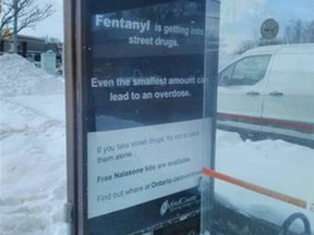 Oxford County has introduced transit shelter ads in Woodstock to raise awareness about the dangers of fentanyl overdose. (Submitted photo)