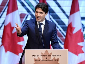 Prime Minister Justin Trudeau speaks during a Black History Month reception at the Museum of History in Gatineau, Que., on Monday, Feb. 12, 2018. THE CANADIAN PRESS/Justin Tang