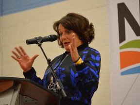 Margaret Trudeau speaks to a crowd of 500 at Northern College Tuesday night. The author and activist encouraged people to learn more about mental health and seek treatment.