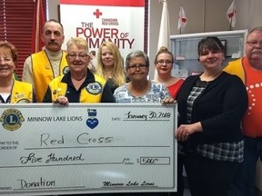 The Minnow Lake Lions Club donated $500 to the Red Cross. Taking part in the presentation were Lion Keith Argent, Lion Leanne Furchner, Lion president Gilles Lafrance, Hannah Maracle (TR student), volunteer Yvette LeClair, Monica Lapham (TR Clerk), Natasha Mullen (TR co-ordinator) and Lion Blaine Lachance. Supplied photo