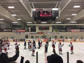 The Clinton Radars were victorious in their final game against the Huron East Centenaires this past Saturday night. In front of an estimated 700-plus crowd of local hockey fans, the boys beat their closest rivals 11-4 and brought an end to the ongoing Battle of Hwy 8. The Radars, still undefeated, will now advance to the second round of playoffs, with the first game scheduled to start the weekend of Feb. 23-24. (PHOTO BY IZZY SIEBERT)