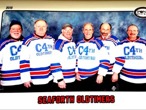 From left to right, Mike Kelly, Tom Nigh, Pat Melady, John Wilson, Travis Postill and Bill Mclver. The six hockey pals recently competed in the 2018 National Pond Hockey Championships in Haliburton Ont. (Submitted photo)