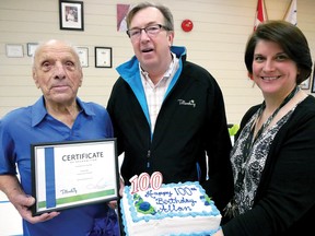 Allan Chipps celebrated his 100th birthday last Friday at the Tillsonburg Senior Centre where Tillsonburg Mayor Stephen Molnar presented a certificate of recognition, and Nancy Boutin, Tillsonburg Senior Centre administrator, presented a special cake to mark the occasion after his fitness class. (CHRIS ABBOTT/TILLSONBURG NEWS)