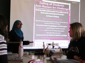 Aruba Mahmud speaks to Northern Collegiate art students Wednesday about the Anti-Racism Art Challenge. Entries reflecting on diversity and anti-racism must be submitted by March 23. (Tyler Kula/Sarnia Observer)