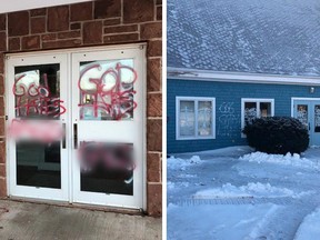 Graffiti is sprayed on the exterior of Our Lady of Assumption Church in Stratford, P.E.I. after the building was vandalized on Feb. 9, 2018. Handout / RCMP