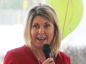 Kathi Lomas-McGee, CEO of YMCAs across Southwestern Ontario, speaks at the launch of this year's Strong Kids campaign in Sarnia Tuesday. The campaign goal is $240,000.  (Tyler Kula/Sarnia Observer)