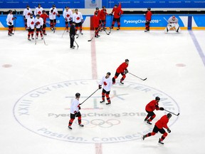 Canadian men's hockey team practice in Gangneung, South Korea, at the 2018 Winter Olympics on Wednesday, Feb. 14, 2018. (Leah Hennel/Postmedia Network)