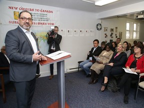 Glenn Thibeault, MPP for Sudbury, announces funding for the Newcomer Settlement Program, which helps newcomers and refugees find housing, enrol their children in school, learn about life in Ontario, find employment and language training supports, and develop social connections. Gino Donato/Sudbury Star/Postmedia Network