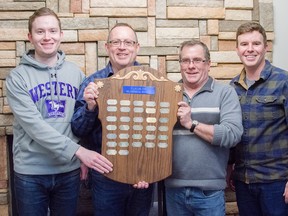 Brian Scott, left, Mike Scott, Rick Marsh, and Ben Turner won the first event at the annual Sarnia Oil-Chemical Bonspiel at the Sarnia Golf & Curling Club in Sarnia, Ont., on Sunday, Feb. 11, 2018. (SHAWNA LAVOIE/Special to the Observer)