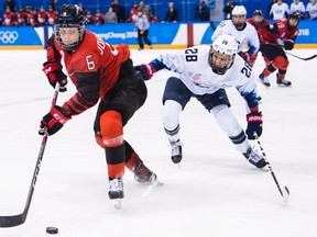 Canada forward Rebecca Johnston (6) battles for the puck against United States forward Amanda Kessel (28) during third period women's olympic hockey action at the 2018 Olympic Winter Games in Gangneung, South Korea on Thursday, February 15, 2018. THE CANADIAN PRESS