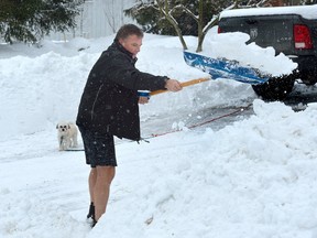 Glenn Johnson is not intimidated by the cold shovelling out his west London driveway in his shorts after an overnight snowfall. (File photo)