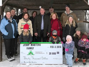 A presentation was held Feb. 3 at the Granton Park which saw Jerry Martens and his family donate $30,000 for a Skatepark. Construction is slated to start this spring. Pictured in front from left are Everleigh Coward, Lincoln Martens, Brynlee Martens, Lara Coward, Shea Coward and Ryan Coward; middle from left are Granton Park Committee member Cheryl Harrigan, Mayor Cathy Burghardt-Jesson, Jerry Martens, Joyce Frew and Lindsay Martens; and back from left are Coun. Wayne Hall, Coun. Dave Manders, Granton Park Committee member Bonnie Forron, Coun. Alex Westman and Justin Martens.