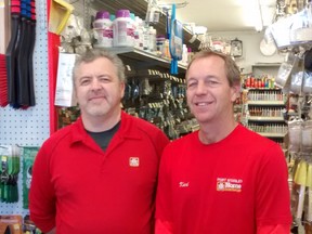 Chris Daminato, left, and Karl Berkelmans at Port Stanley Home Hardware, where Karl has sold the business to Geerlinks Home Hardware, St. Thomas. Chris is to manage the outlet. (Eric Bunnell / Special to Times-Journal)