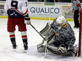 Photo by Jesse Cole Reporter/Examiner
Spruce Grove Saints goalie Nolan Kent played his first home game since returning from an injury against the Brooks Bandits on Feb. 10. Kent blocked 25 shots throughout the game.