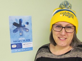 Brenda Cowan, with NeighourLink Sarnia-Lambton, wears a Coldest Night of the Year toque. The volunteer group is taking part in this year's Coldest Night of the Year fundraising walk on Feb 24. (Paul Morden/Sarnia Observer/Postmedia Network)