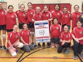 The Lucknow Central Girls Volleyball Team returned to Lucknow with the championship banner that hasn't been back for over a decade. A District tournament win advanced the team to Owen Sound where they would face the other winning schools to battle for the B.E.S.C championship banner. A rocky start for the LCPS Girls but they pulled through winning the final game 15-9 in a tie breaker to claim the banner as theirs. Pictured: Back Row- Assistant Coach Sam Hallam, Alyssa Jones, Beth Nelson, Amanda King, Terri Bateman, Raelyn Pennington, Kyla Moffat, Tika Kahgee, Madison Ritchie, Mikaela Hanna, Coach Joan Nelson, Front Row- Shelby Barger, Riley Ritchie, McKenna Thomson, Jayden Maki and Haily Moffat pose as the B.E.S.C champions.