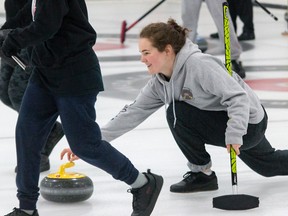 Kirsten Hirschfield releases a shot as she skipped her Kingston Blues team to a 10-5 victory over Team Tremblay of the Regiopolis-Notre Dame Panthers on Wednesday in the A-side final at the Kingston Area Secondary Schools Athletic Association curling championships held Monday and Wednesday at Cataraqui Golf and Country Club. (Tim Gordanier/The Whig-Standard/Postmedia Network)