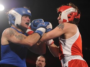 Conservative Senator Patrick Brazeau lands a punch on Liberal MP Justin Trudeau during the charity boxing match at the Hampton Inn Hotel in Ottawa,  March 31, 2012. Chris Roussakis/Postmedia Network