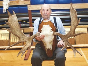 Harvey Wenzel, club member since 1983, holds the antlers of the moose he shot November 2017 near Oyen, at the Vulcan and District Gun Club’s trophy night and banquet at the Cultural-Recreational Centre Feb. 3. He won first place in the moose category. Jasmine O’Halloran Vulcan Advocate