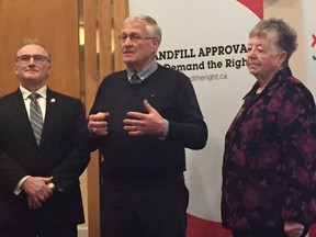MPP Ernie Hardeman, with Ingersoll Mayor Ted Comiskey and Zorra Mayor Margaret Lupton, announced Friday he will introduce a bill to prevent landfills from being forced on unwilling muncipalities. (HEATHER RIVERS/SENTINEL-REVIEW)