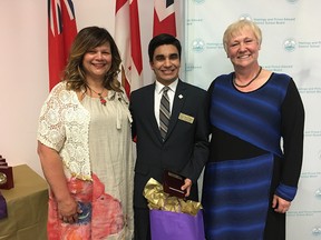 SUBMITTED PHOTO 
Saud Haseeb, a Grade 12 student at Moira Secondary School, has been named a Loran Scholar and will receive a $100,000 scholarship for the next four years. He is pictured with Hastings and Prince Edward District School Board chairperson Lucille Kyle (left) and director of education Mandy Savery-Whiteway.