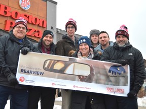 From left: former MP Joe Preston, Sean Dyke, Mike Kerkvliet, MP Karen Vecchio, Alex Aitken, Joshua Willer, and Tim Smart slept outside the local Boston Pizza during the second annual Sleepless in our City fundraiser. The event helped raise money and awareness for homelessness in St. Thomas. (Louis Pin // Times-Journal)