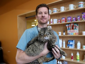 Kingston veterinarian Dr. Mark de Wolde, with former Wolfe Island feral cat Frederick on Tuesday February 14 2018, was recently honoured by the Ontario Veterinary Medical Association with their Award of Merit. Ian MacAlpine/Kingston Whig-Standard/Postmedia Network