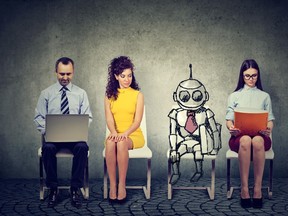Cartoon robot sitting in line with applicants for a job inter...