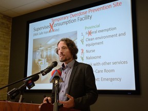 Dr. Christopher Mackie, Medical Officer of Health and CEO, Middlesex-London Health Unit, announces the location of a temporary overdose prevention site during a press conference at Innovation Works in London, Ontario on Friday January 19, 2018. (MORRIS LAMONT, The London Free Press)