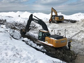 Workers with Atlantis Marine Construction Canada shape the Lake Huron shoreline at Kenwick Street and Old Lakeshore Road in Bright's Grove, part of a $600,000 project. The work is expected to finish by mid-March. (Submitted)