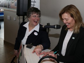 Our TMH board member Sharon Urquhart gets PC leadership hopeful, Christine Elliot, to a sign a Our TMH membership card.